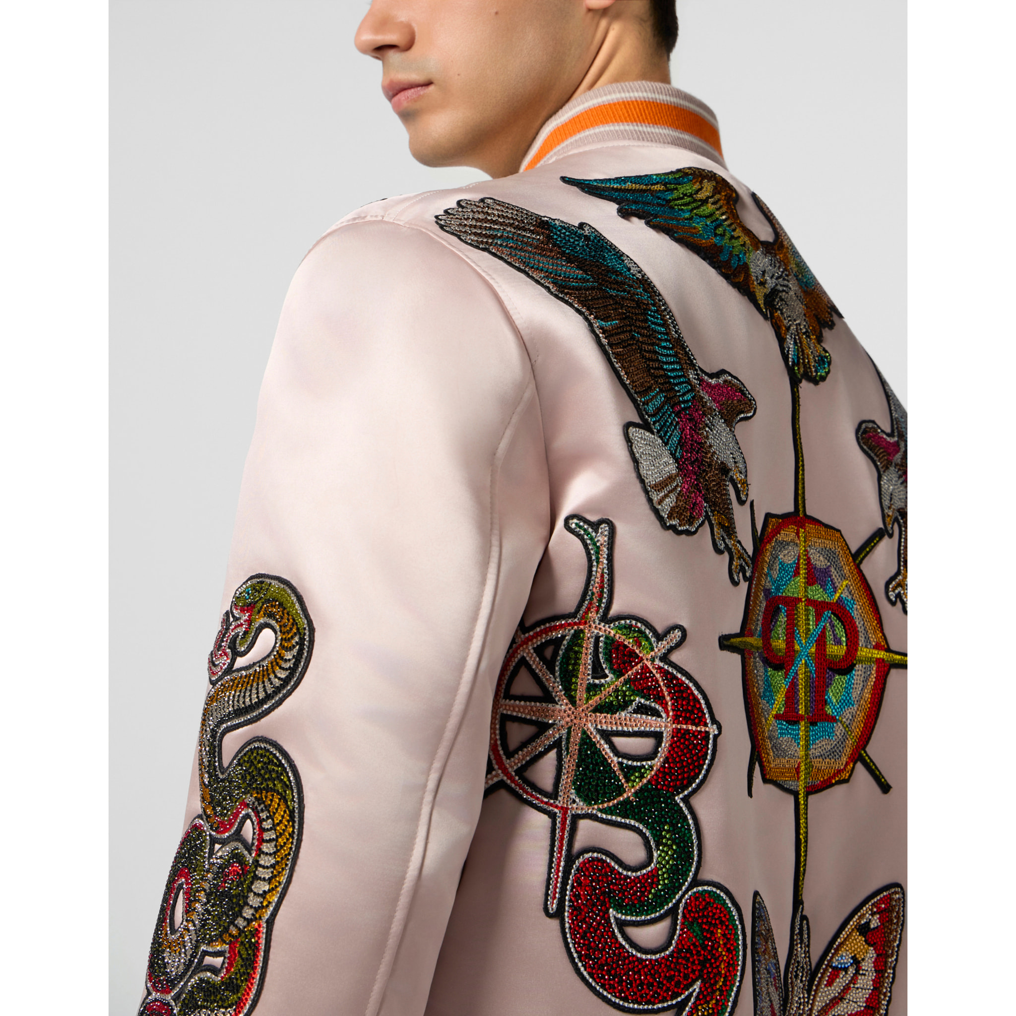 PHILIPP PLEIN Shiny Satin Bomber Tattoo Patches Strass