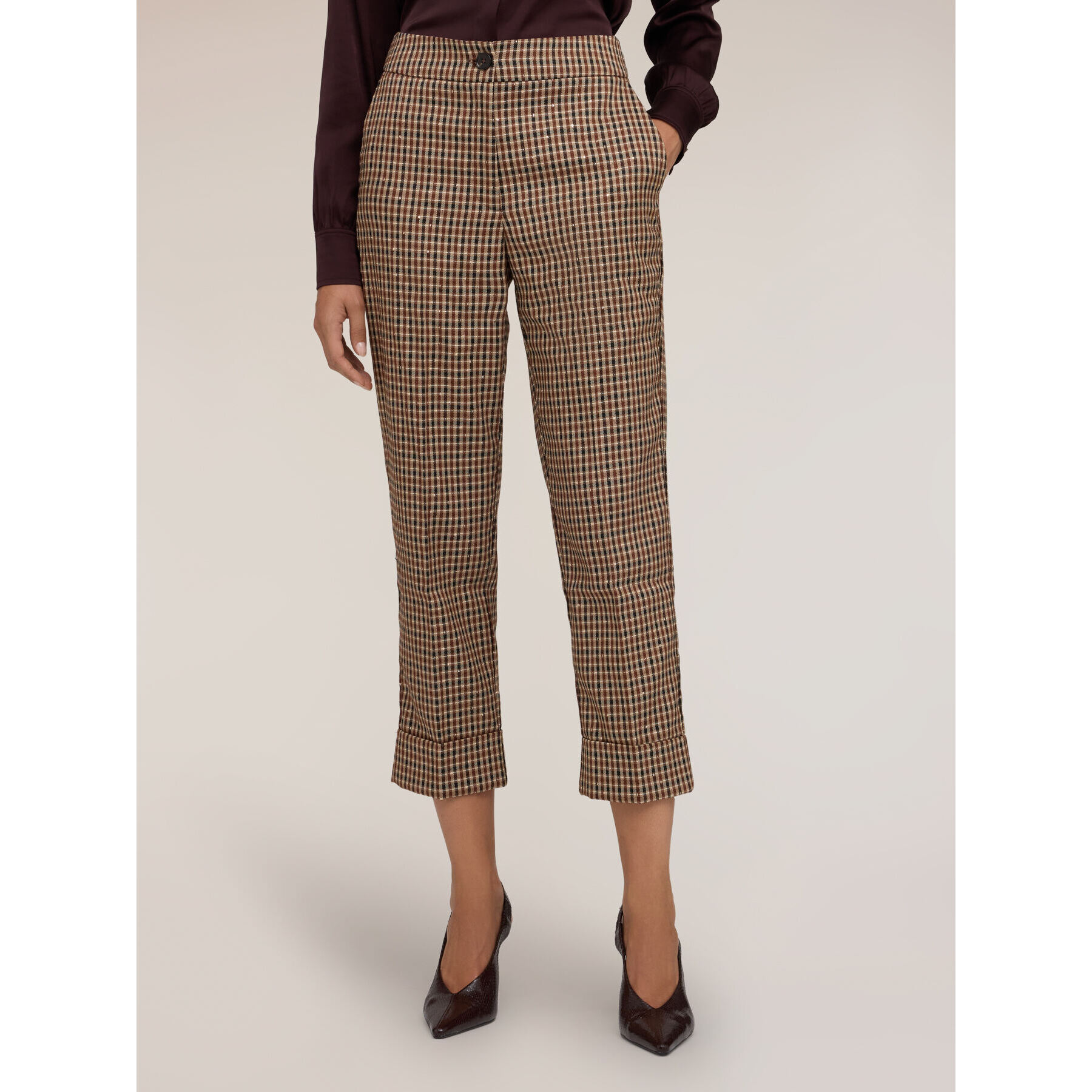 Motivi - Pantaloni cropped fantasia check lurex - Beige