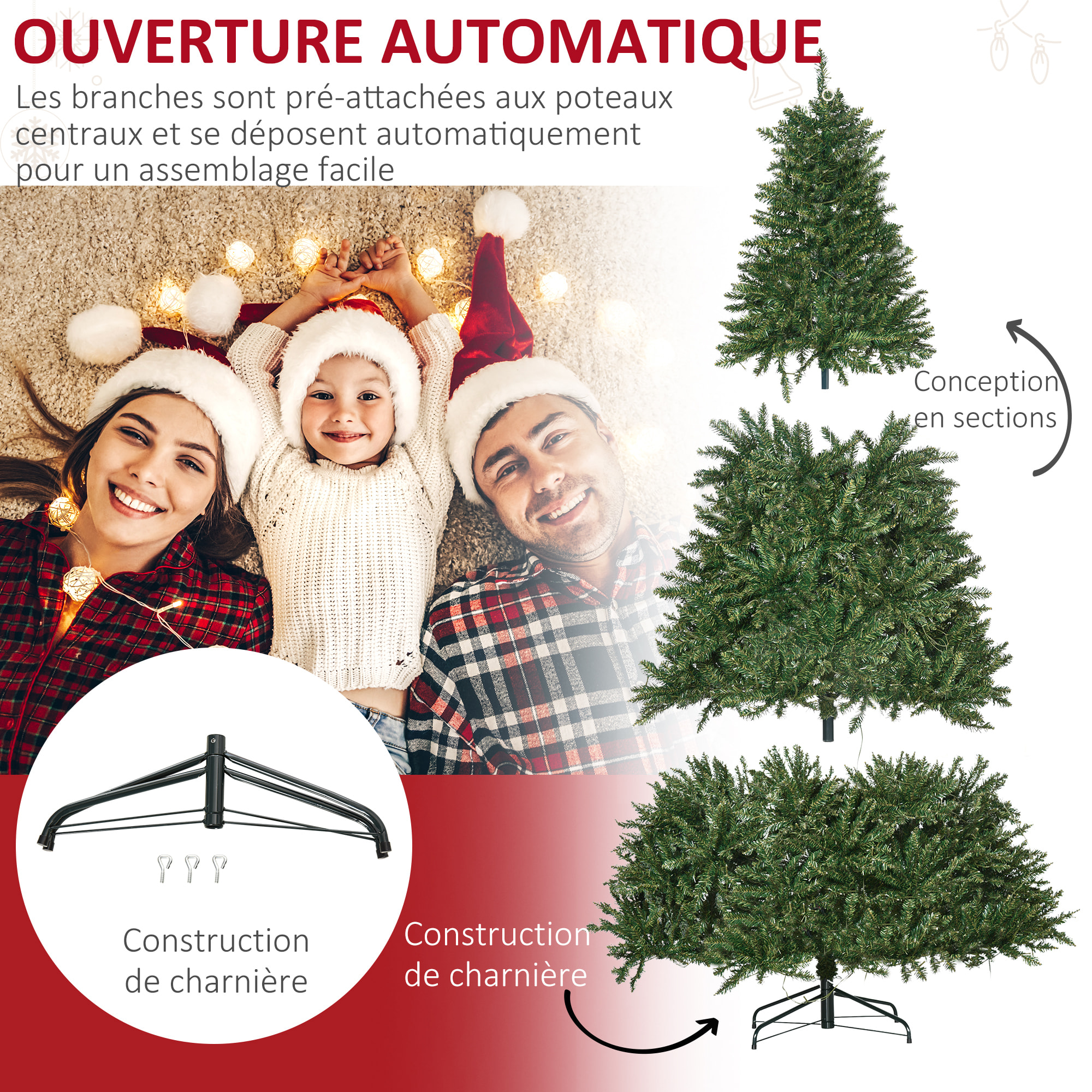 Sapin de Noël artificiel lumineux LED x 700 blanc chaud + support pied Ø 132 x 210H cm 2154 branches vert