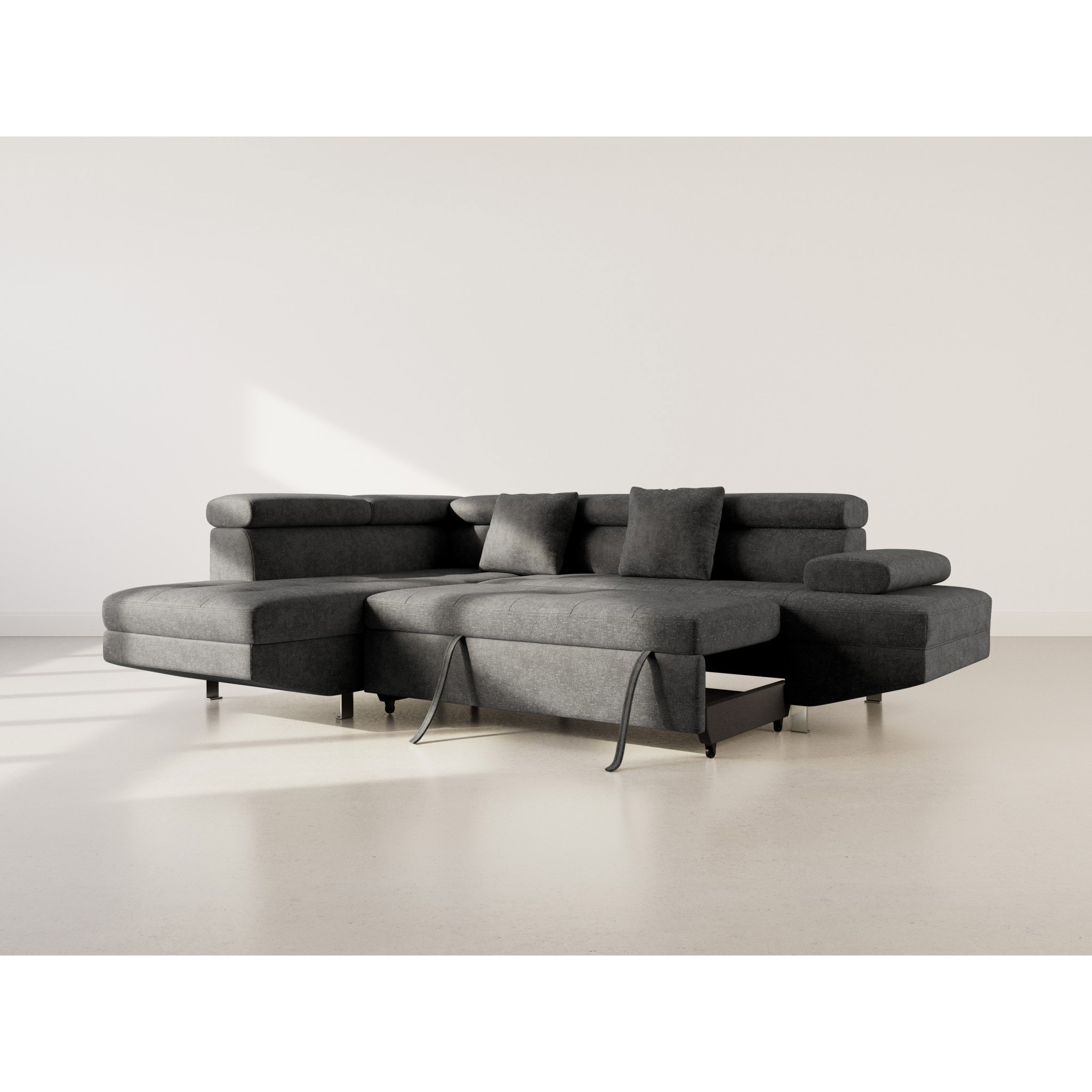 Margaux - Canapé d'angle gauche 5 places convertible avec coffre et têtières réglables en velours texturé - Noir