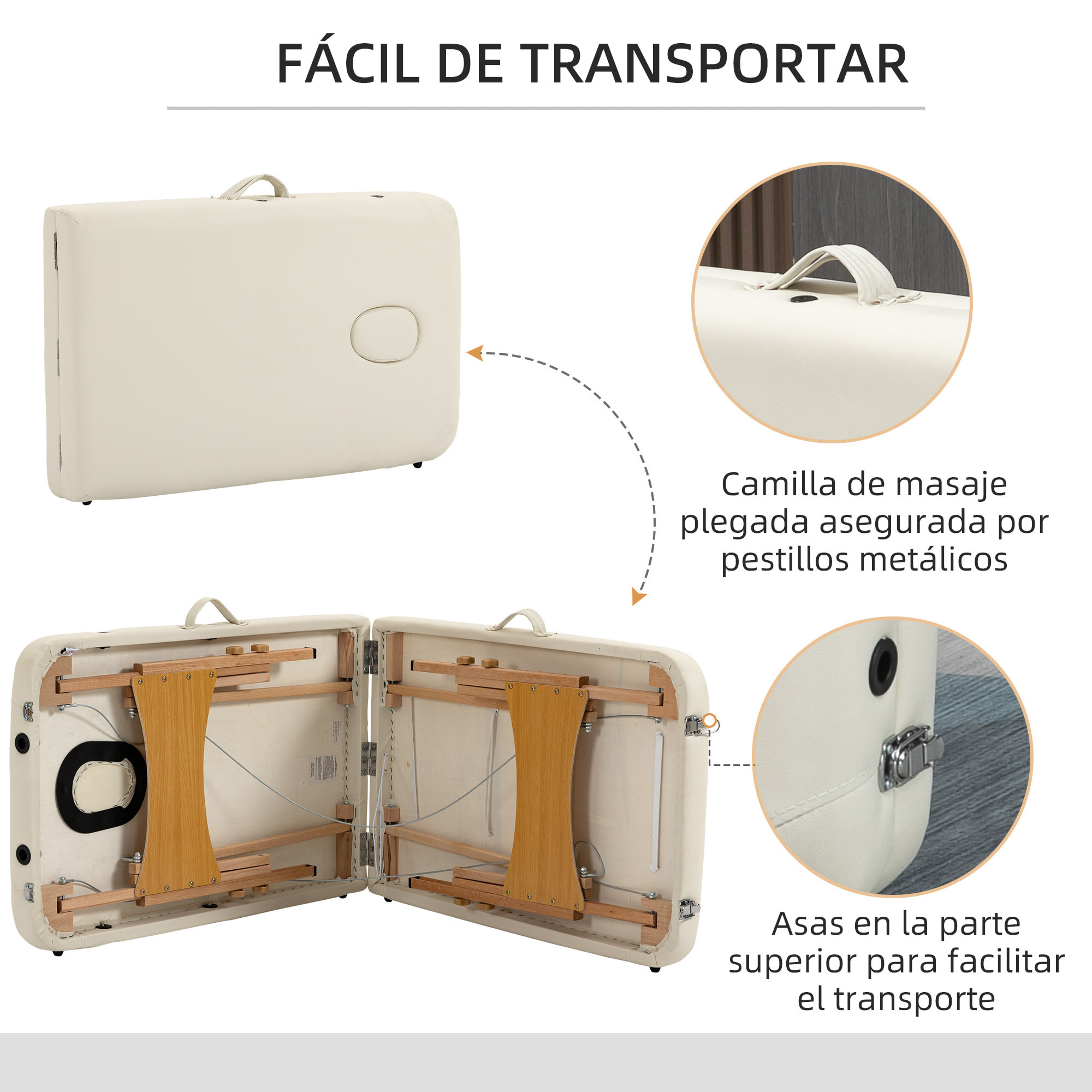 Camilla de Masaje Plegable 185x60 cm Camilla Plegable Portátil con Reposacabezas Extraíble Asa y Marco de Madera Camilla Fisioterapia con Altura Regulable y Bolsa de Transporte Crema