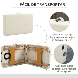 Camilla de Masaje Plegable 185x60 cm Camilla Plegable Portátil con Reposacabezas Extraíble Asa y Marco de Madera Camilla Fisioterapia con Altura Regulable y Bolsa de Transporte Crema