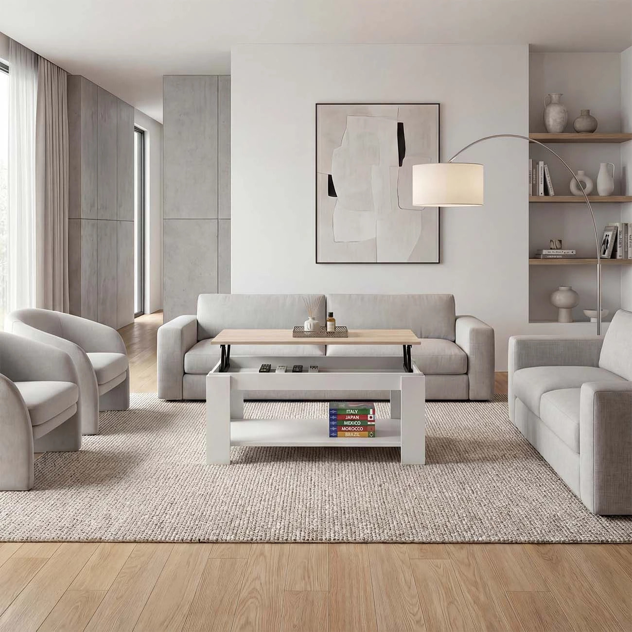 Mesa de centro elevable con almacenaje en blanco artik y roble canadian 102x43-54 cm Lya Blanco Artik (Blanco Mate) - Roble Canadian