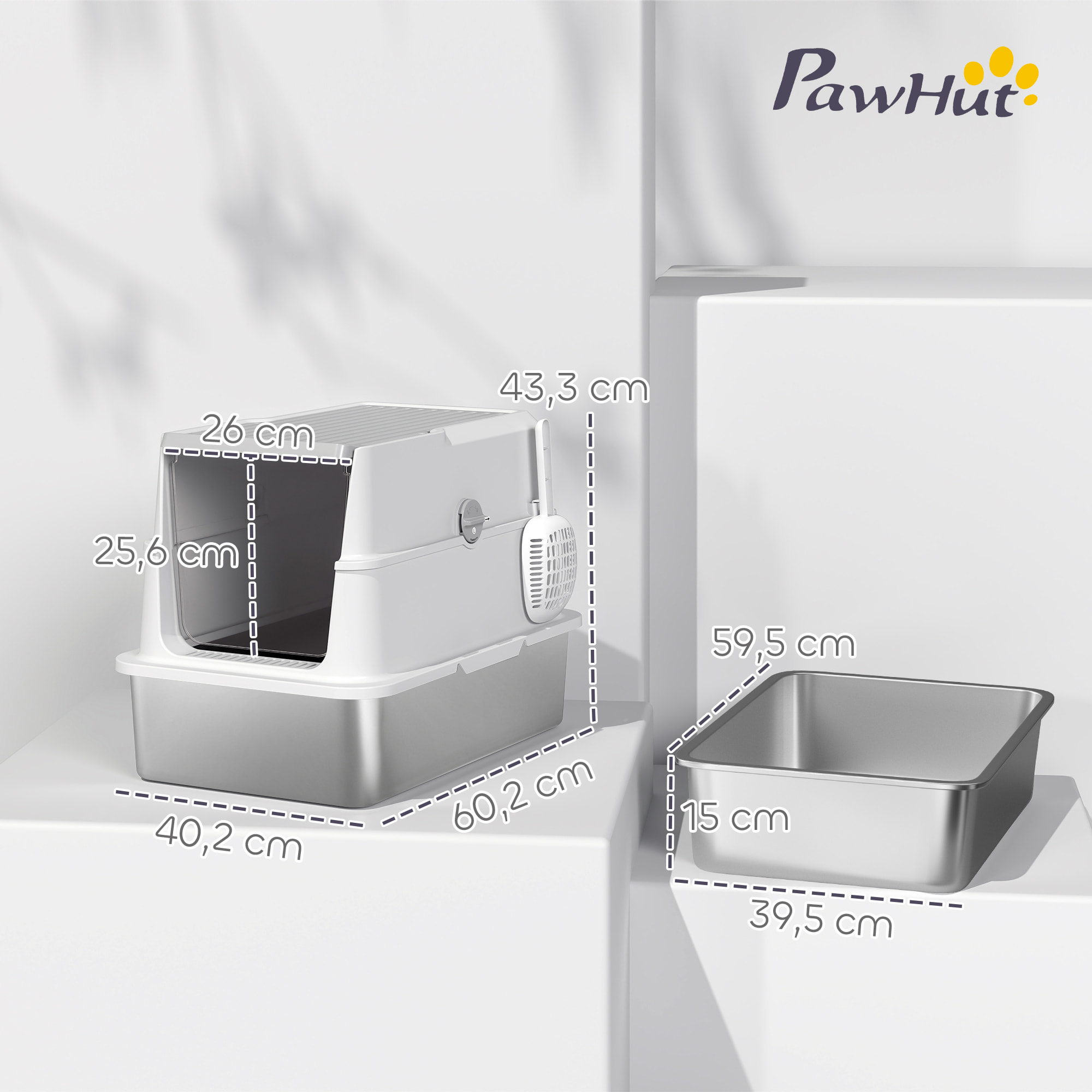 PawHut Arenero para Gatos de Acero Inoxidable XL, Caja de Arena Cerrada para Gatos Grandes, Arenero Extragrande con Tapa Abatible, Borde Alto, Pala, Fácil de Limpiar, Antifugas, Gris Claro