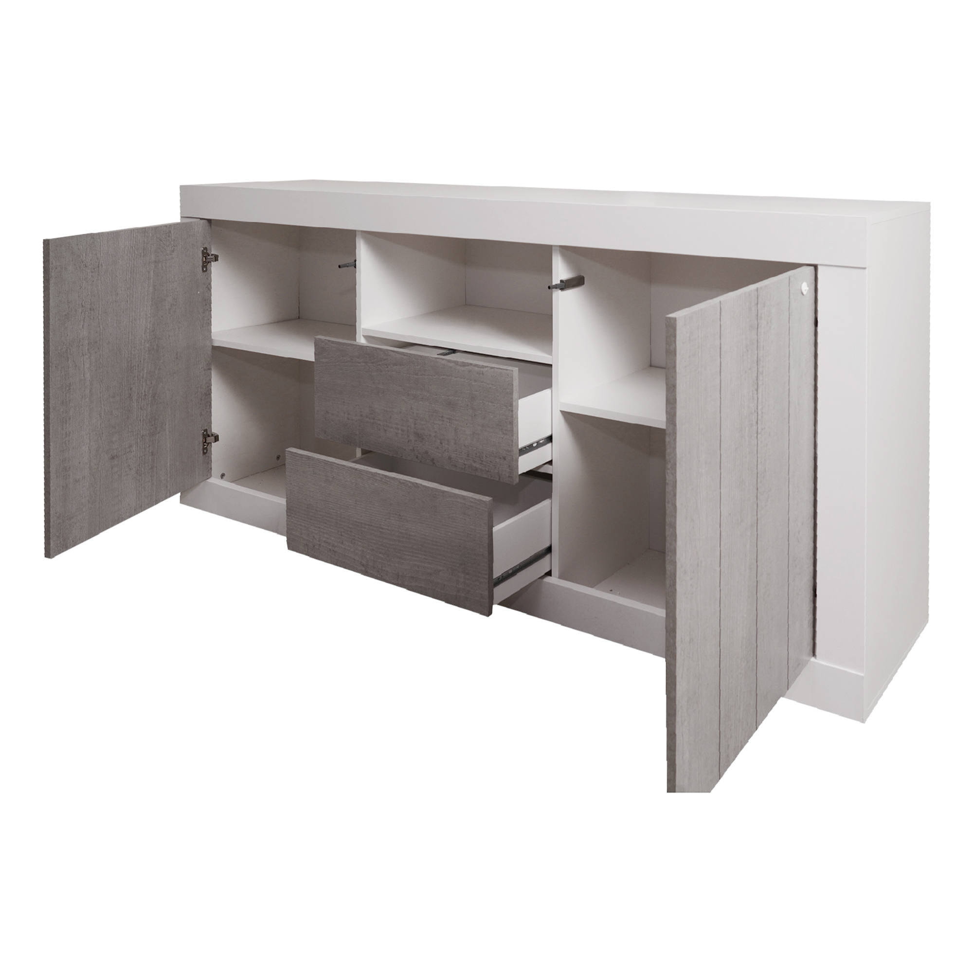 Credenza moderna a 2 ante, Buffet da cucina, Madia con scaffali, Mobile da soggiorno Porta TV, cm 185x44h86, colore Bianco e Cemento