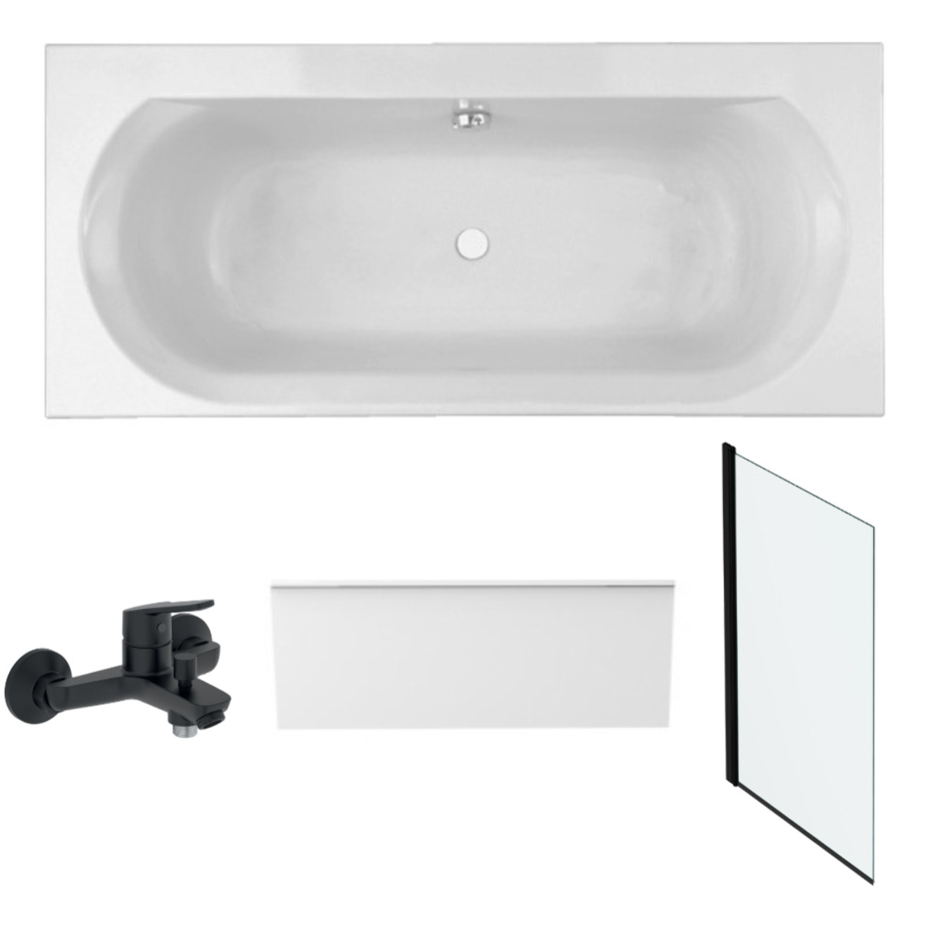 Pack baignoire droite 180 x 80 Elise + tablier niche + mitigeur bain Aimé noir + pare bain noir mat + vidage