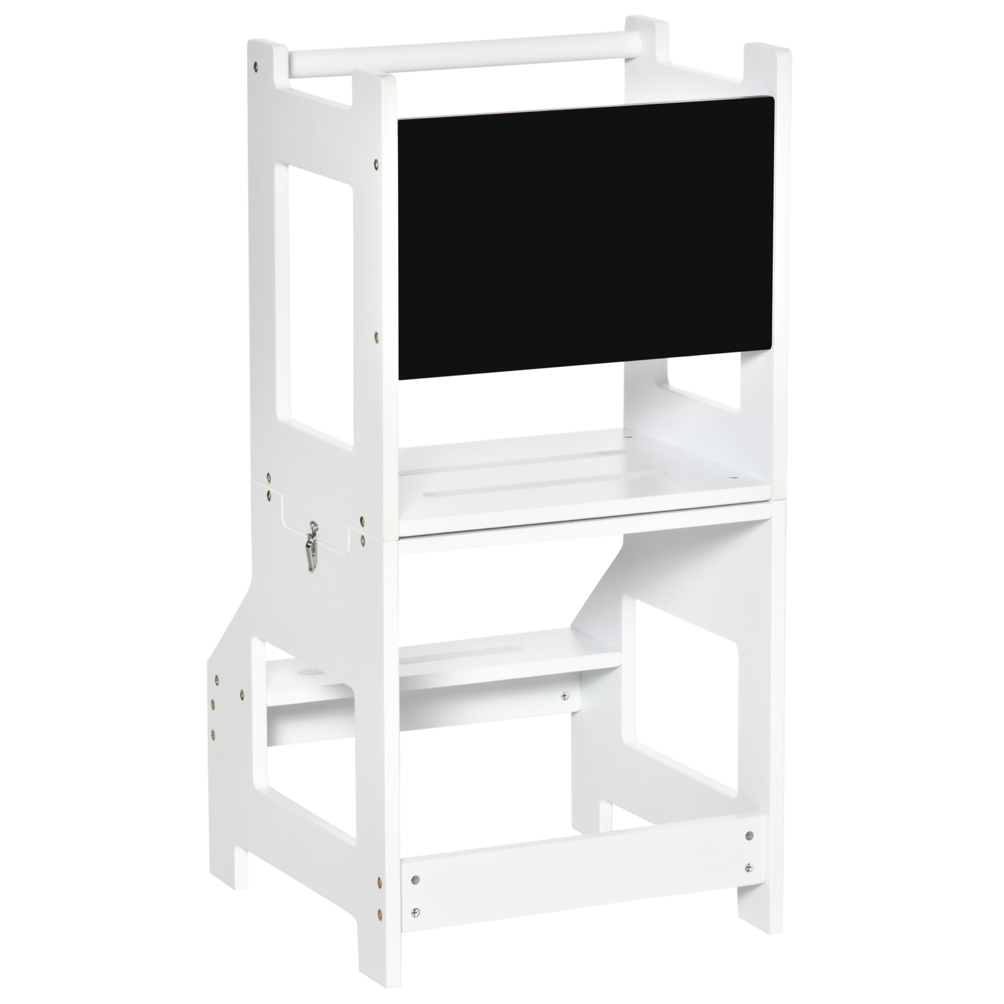 Torre de Aprendizaje para Niños 3-6 Años de Madera Taburete de Cocina Infantil Convertible en Escritorio con Pizarra Pedal y Barra de Seguridad para Baño 42x44x86 cm Blanco