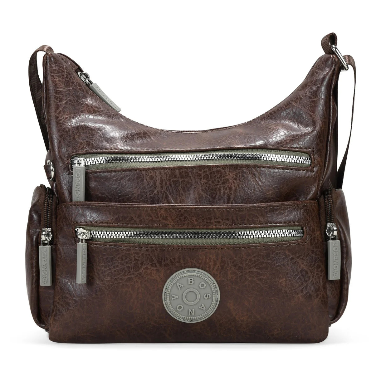 Bolso bandolera marrón con cremalleras verdes