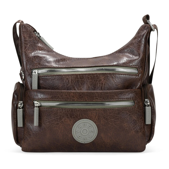 Bolso bandolera marrón con cremalleras verdes