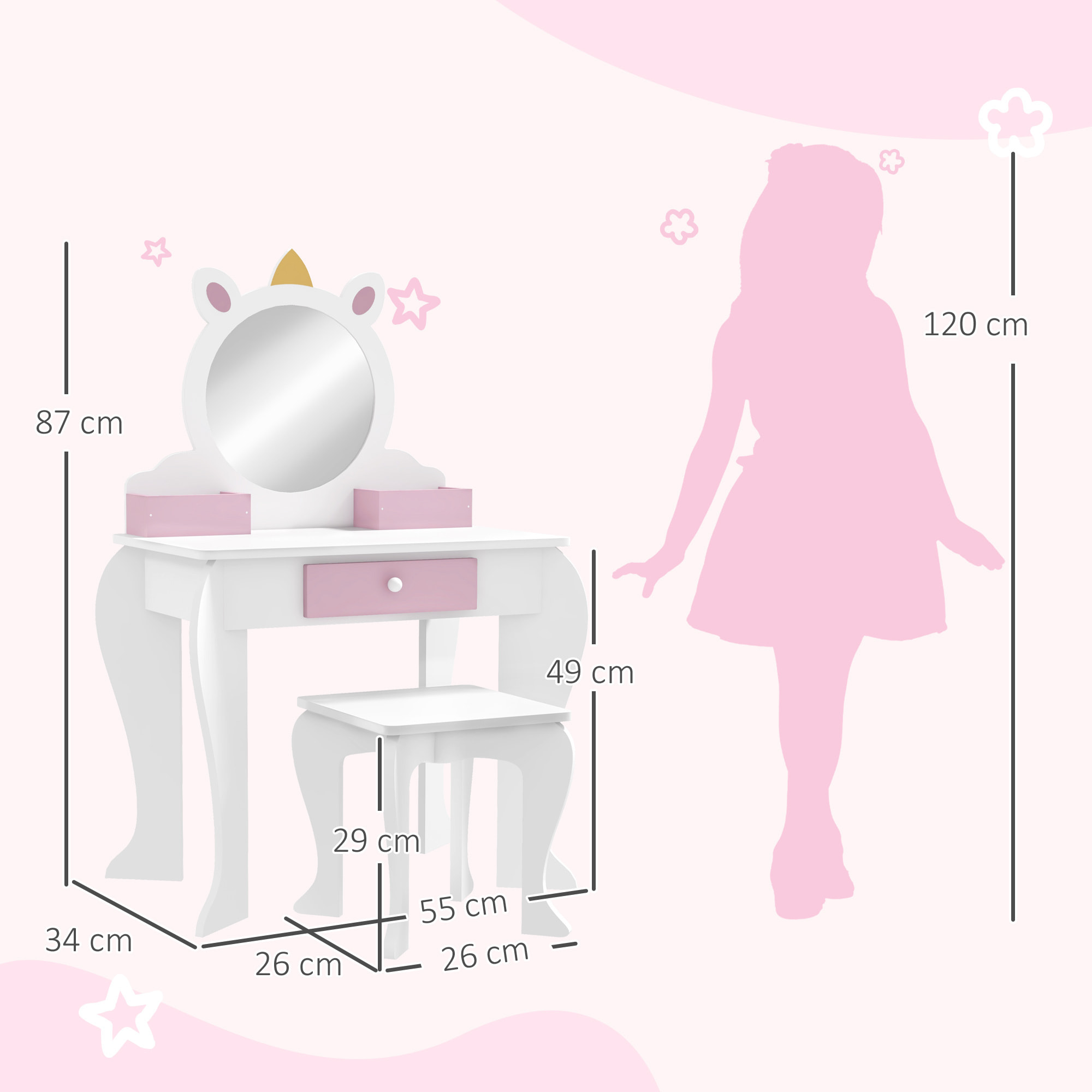 Tocador Infantil con Taburete y Espejo, Tocador para Niñas con Cajón, Compartimentos, Diseño de Unicornio, Mesa de Maquillaje para Niños y Niñas de 3-6 Años, Blanco