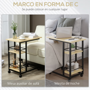 HOMCOM Mesa Auxiliar con Ruedas Mesa Lateral en Forma de C para Sofá Cama con 2 Estantes y Frenos para Dormitorio Salón Estilo Moderno 60x34,5x64,5 cm Natural