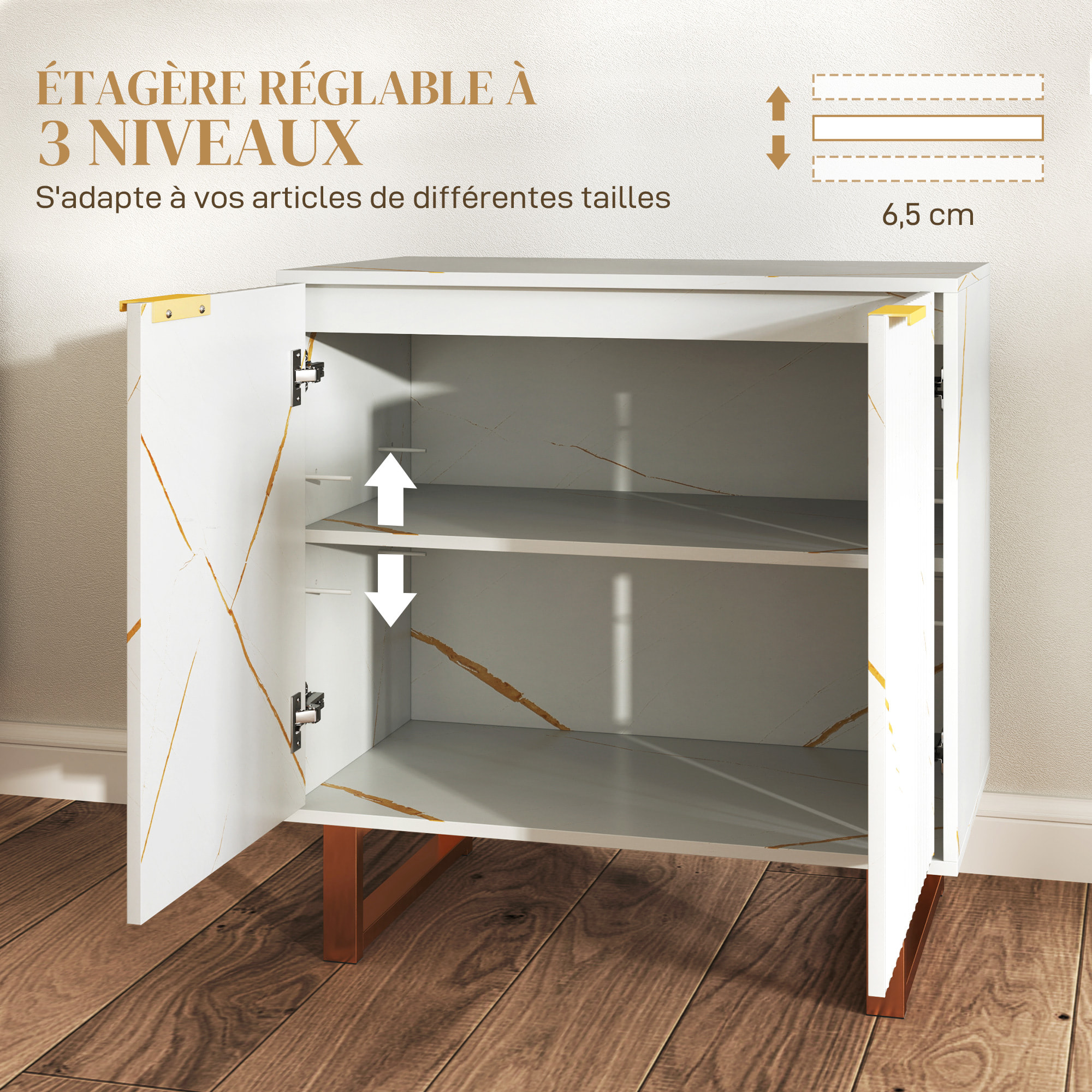 Buffet salon meuble de rangement style moderne avec placard à 2 portes, étagère réglable, pieds en métal - dim. 76,5 x 39 x 77 cm, blanc