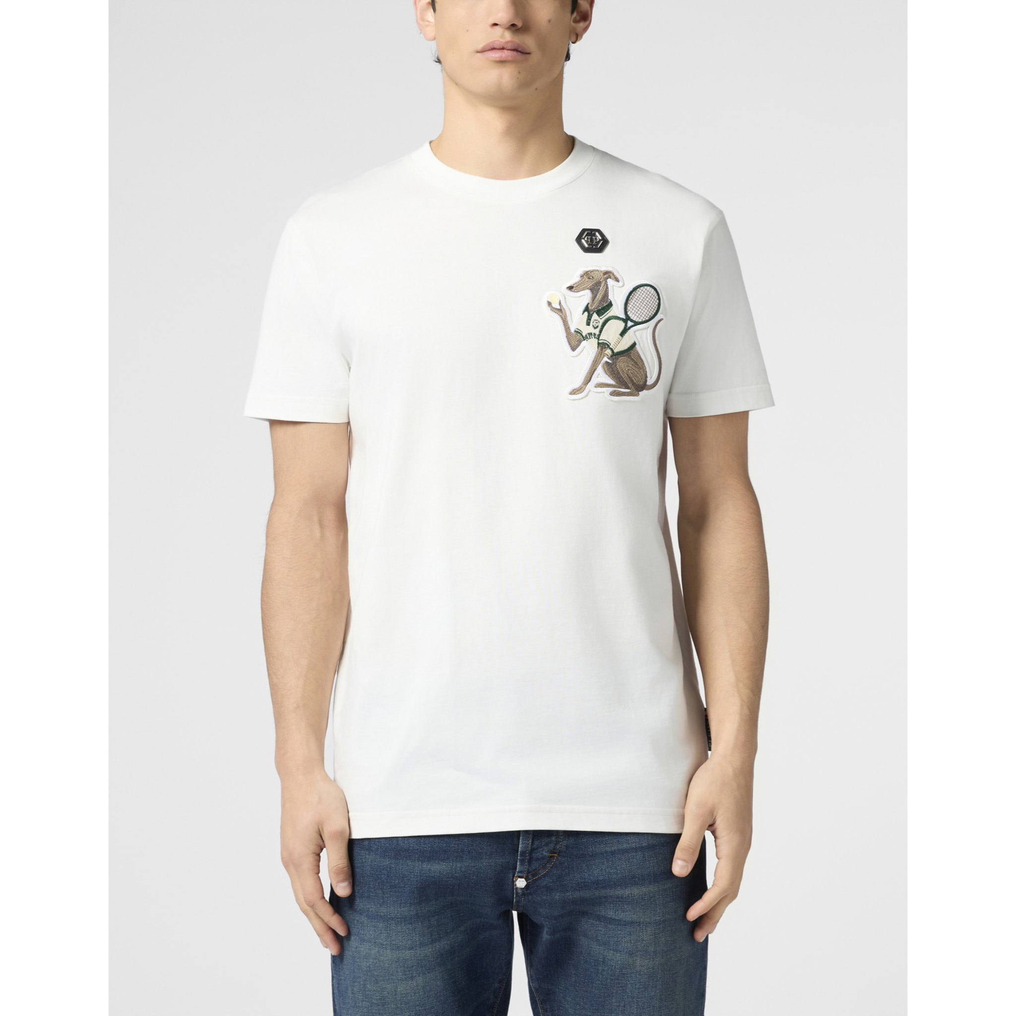 PHILIPP PLEIN Round Neck T-Shirt Tennis Pet Patch