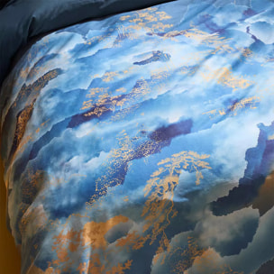 Housse de couette satin de coton imprimé bleu or Fuji nocturne