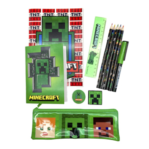 Minecraft Set de Papelería. Libreta A5, libreta, estuche, lápices de color, boligrafo, goma, sacapuntas y regla.