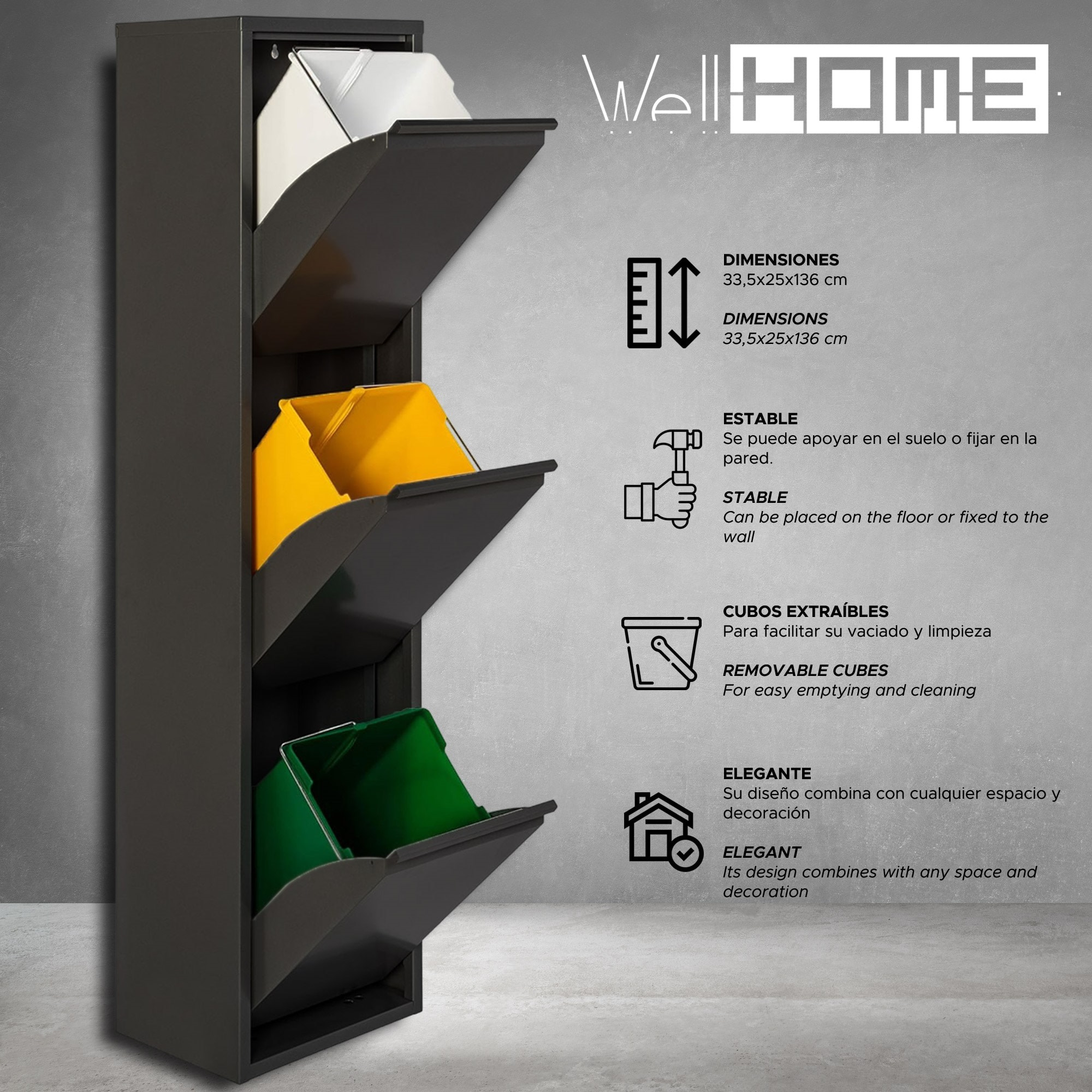 Well home - cubo de basura y reciclaje metálico de 3 compartimentos, 3x17l (51l) negro mate