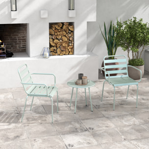 Salon de jardin bistro - table basse ronde Ø 60 cm 2 chaises empilables - acier thermolaqué vert de gris