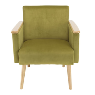 AGATHE - Fauteuil velours vert clair pieds et accoudoirs bois