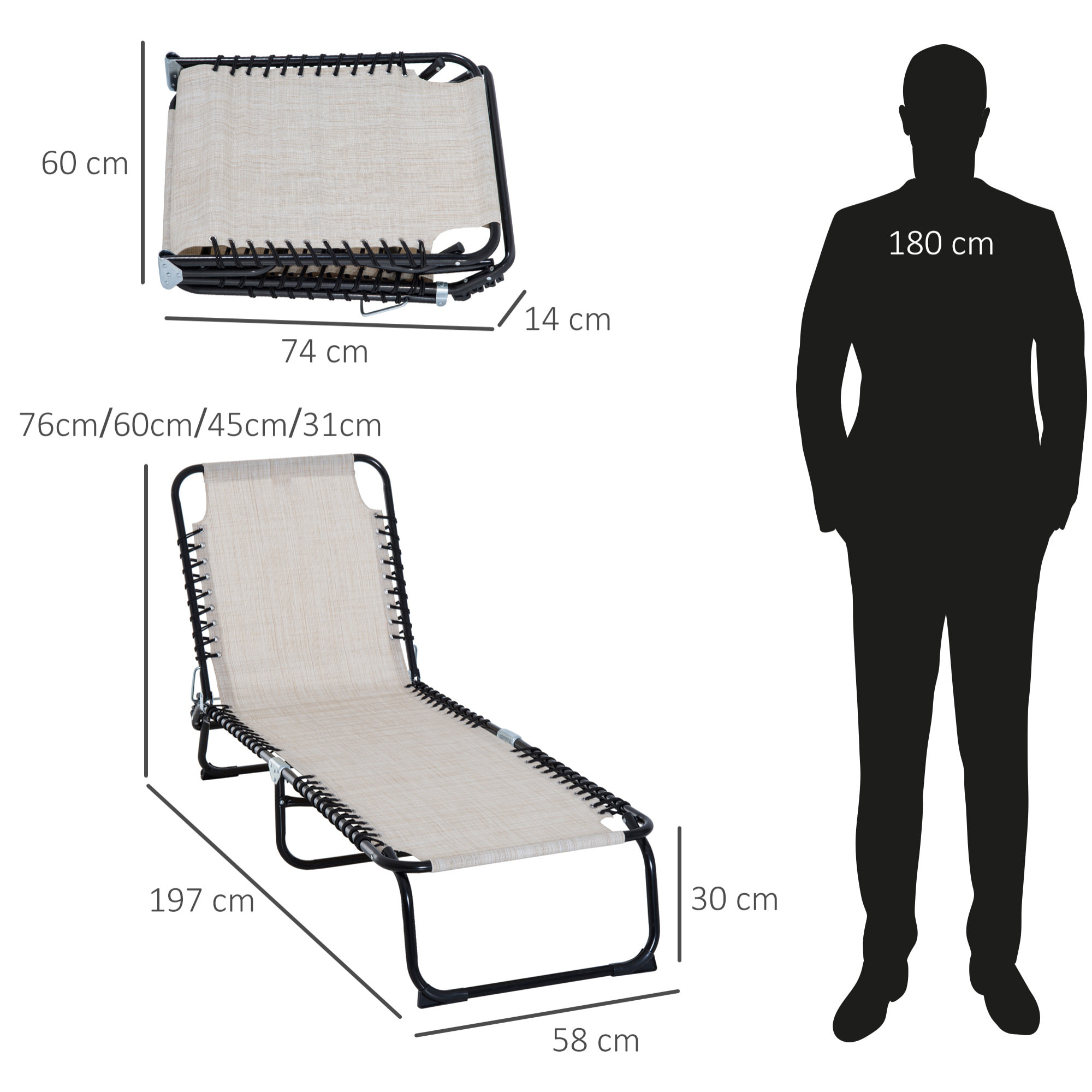 Tumbona Plegable, Tumbona Jardín Exterior Reclinable 4 Posiciones con Reposacabezas y Marco de Acero, Carga 120 kg, para Terraza, Piscina, Playa, 189x58x30 cm, Crema
