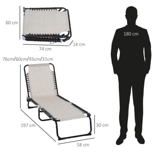 Tumbona Plegable, Tumbona Jardín Exterior Reclinable 4 Posiciones con Reposacabezas y Marco de Acero, Carga 120 kg, para Terraza, Piscina, Playa, 189x58x30 cm, Crema