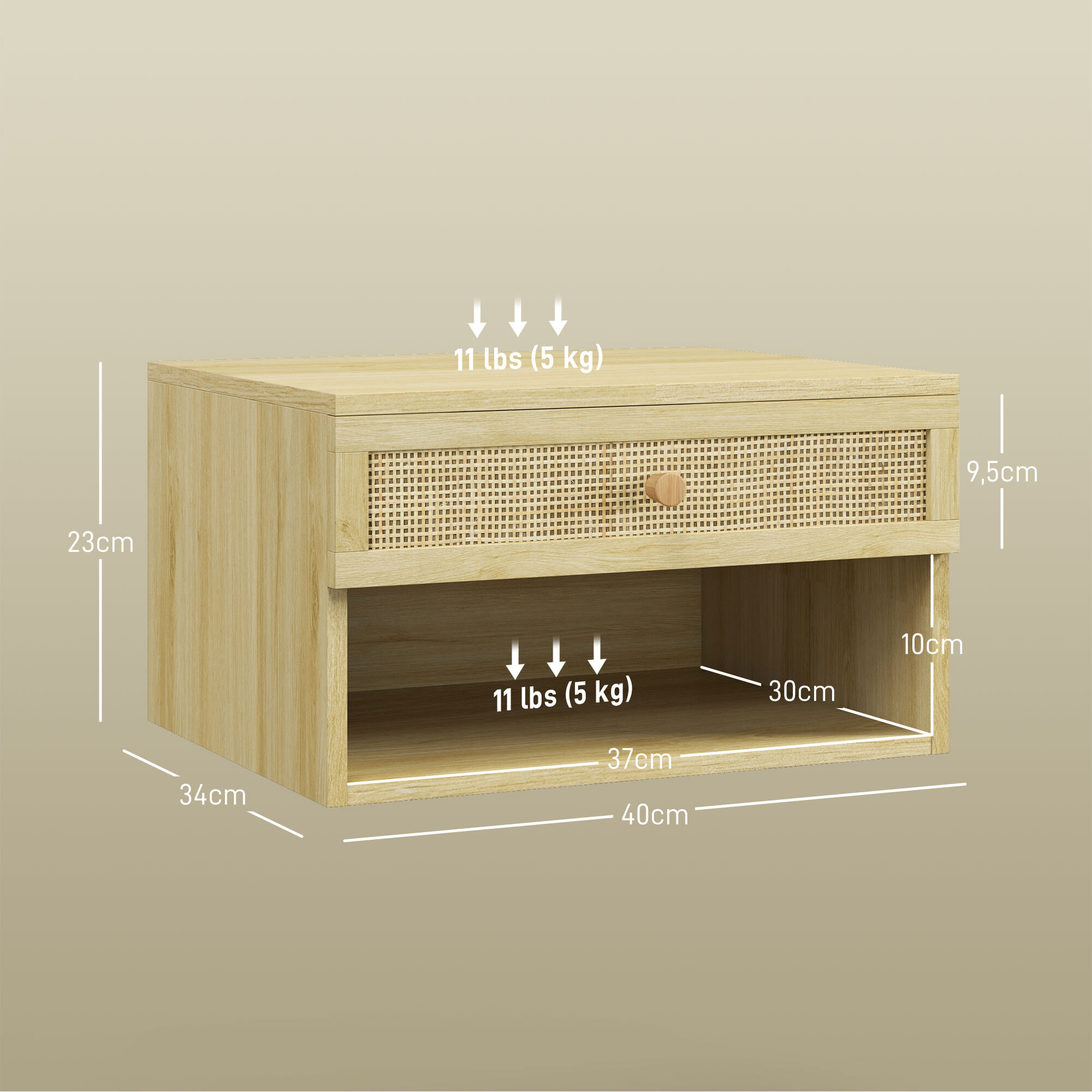 Juego de 2 Mesitas de Noche Flotantes Mesitas de Noche Colgantes con Compartimento Abierto y Cajón con Frontal de Ratán Mesas de Noche para Habitación Hogar 40x34x23 cm Natural