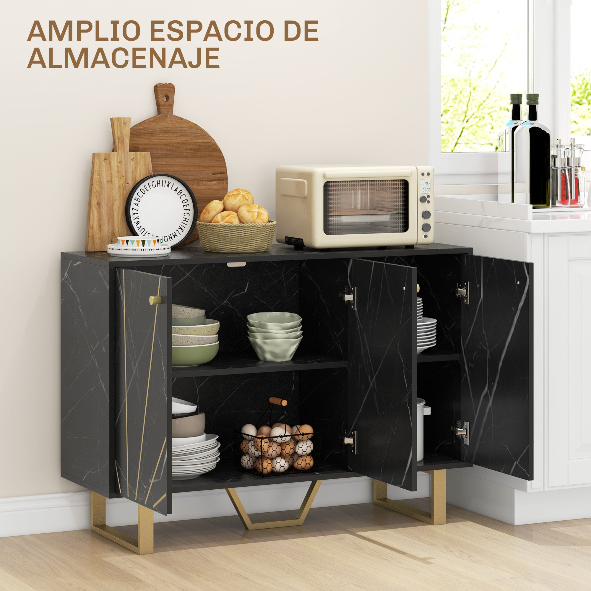 Aparador Moderno Aparador de Salón con 2 Puertas y Estante Ajustable Mueble Auxiliar para Salón con Efecto Mármol Antivuelco 107x35x75 cm Negro y Dorado