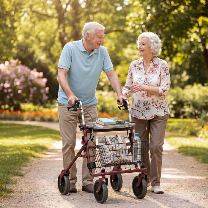Andador para Ancianos Plegable, Andadores Adultos para Personas Mayores con Asiento y 4 Ruedas Altura Ajustable Frenos de Maneta Cesta Bandeja y Porta Bastón Rojo Vino