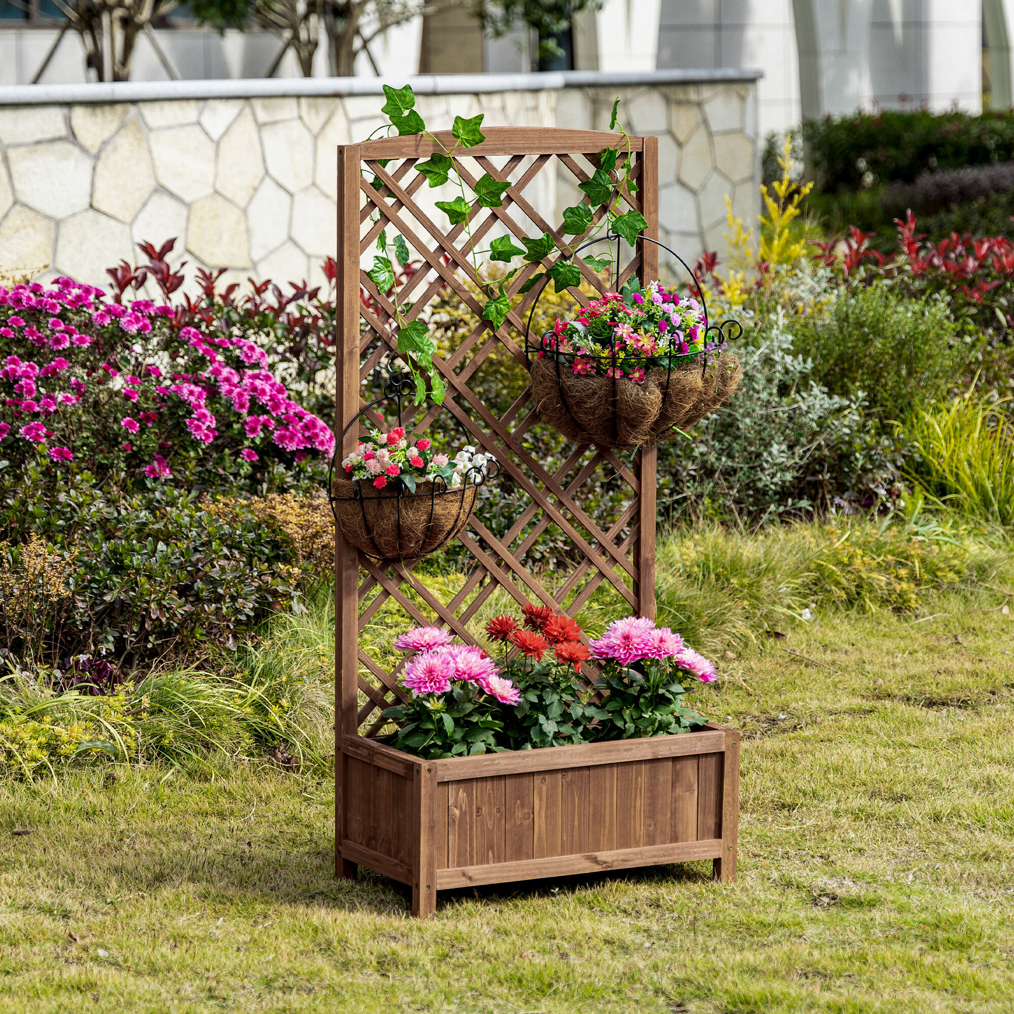 Jardinera con Enrejado Jardinera con Celosía de Madera Macetero con Soporte para Trepadora Cultivos Plantas en Terraza Jardín Balcón 60x30x122,5 cm Natural