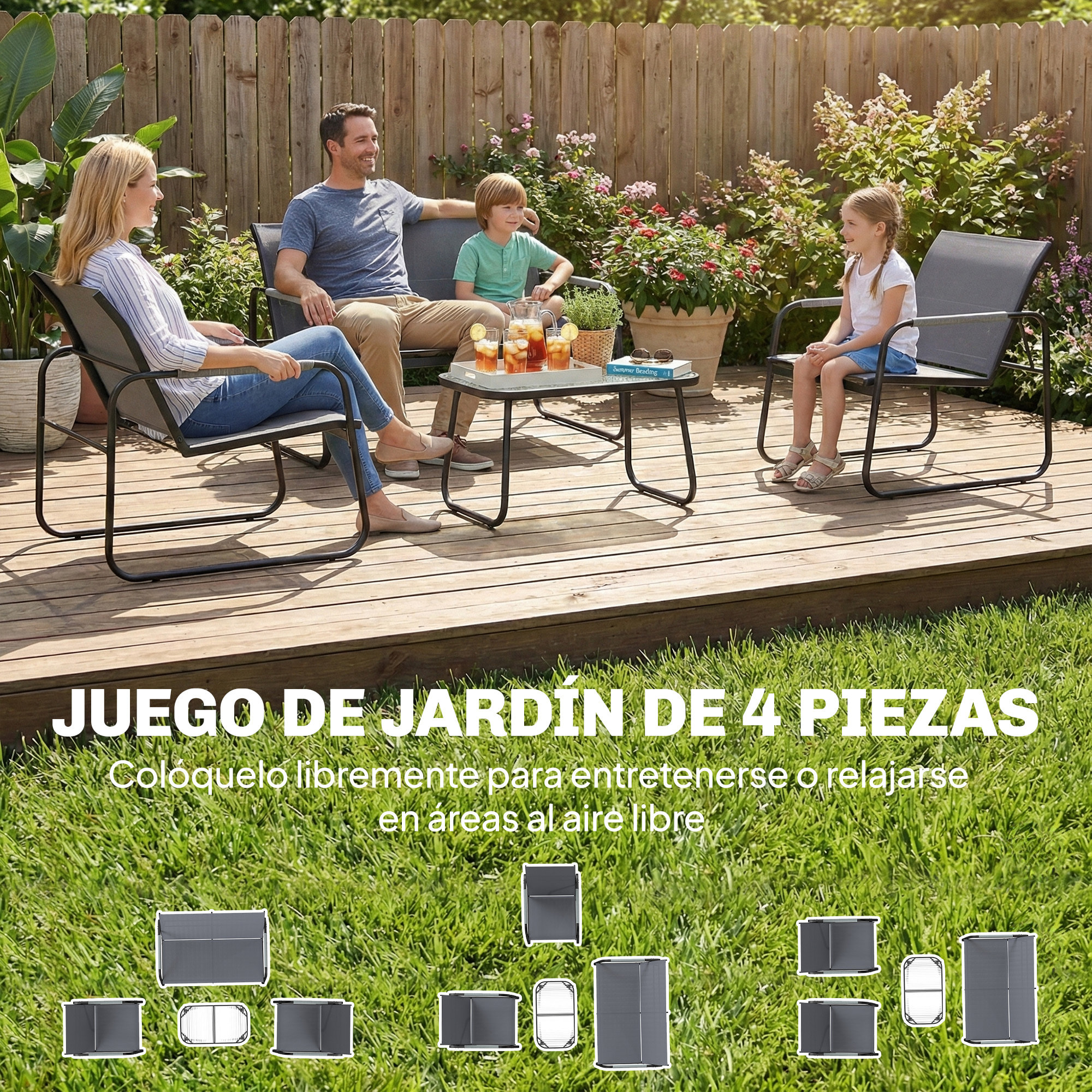 Conjunto de Jardín Exterior de 4 Piezas, Muebles Jardín Exterior con 1 Sofá de 2 Plazas, 2 Sillones y Mesa de Vidrio Templado, Estructura de Acero y Textilene Transpirable, Gris