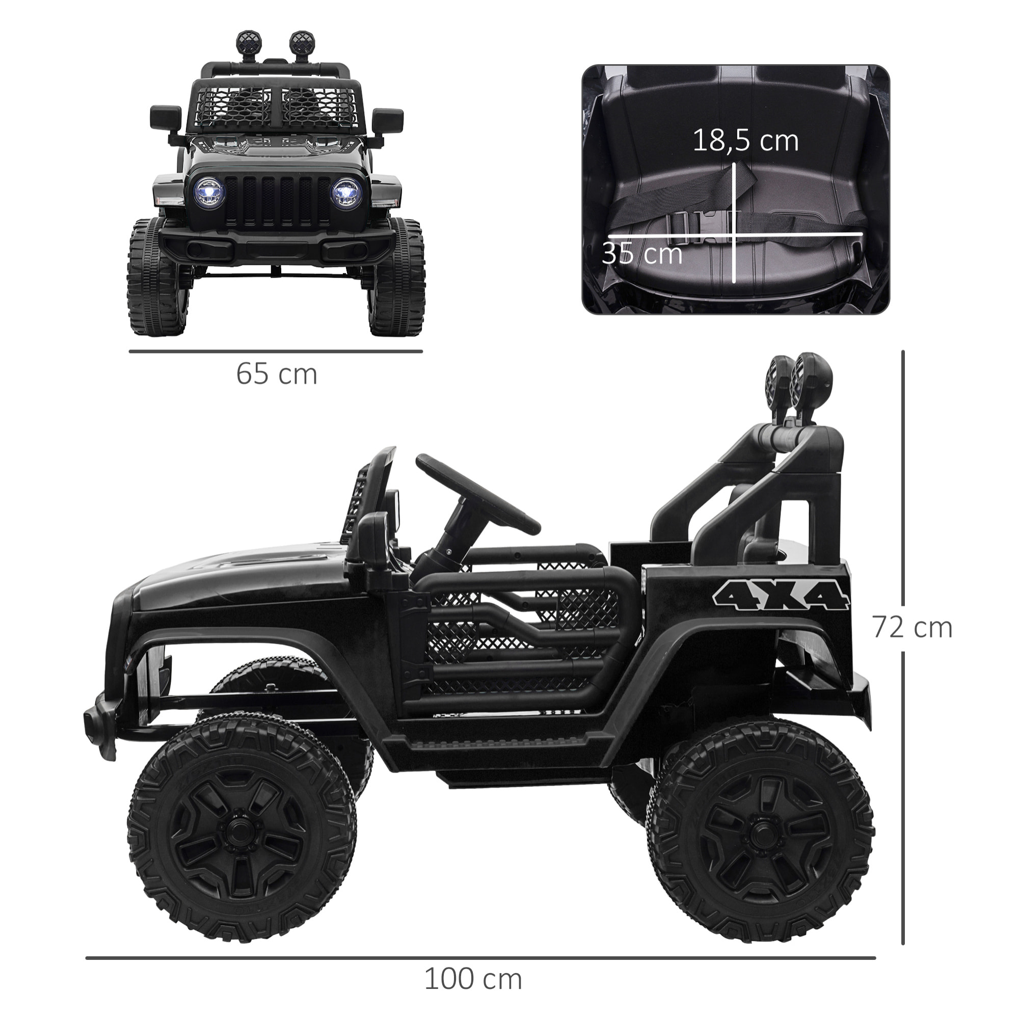 Coche Eléctrico para Niños 12V, Vehículo Todoterreno de Batería con 2 Motores, Control Remoto 2,4G, Velocidad hasta 5 km/h, Sistema de Suspensión, Faros, para Niños de +3 Años, Negro