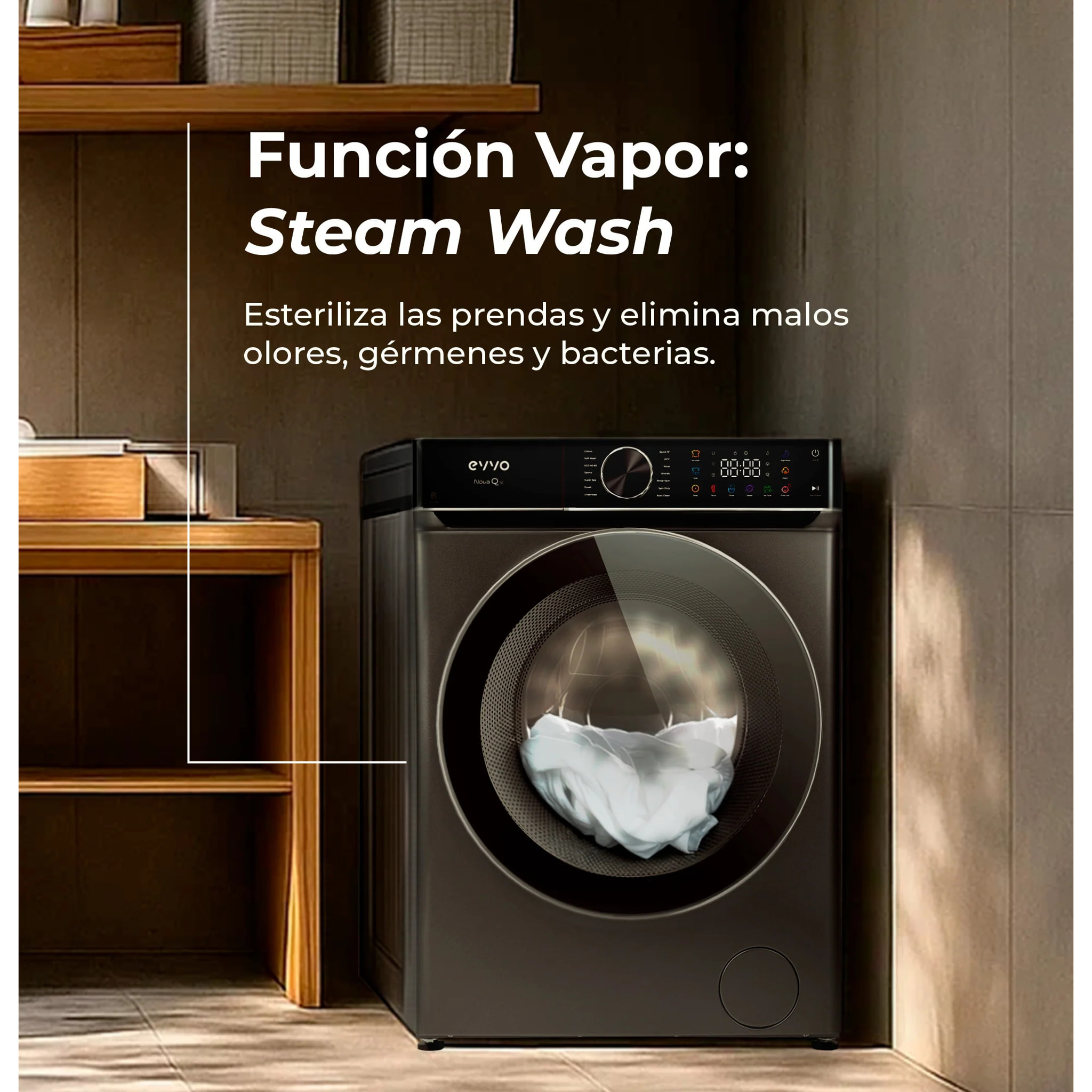 EVVO Lavadora 10 kg Nova Q10x, 1400 rpm, Clase A, Motor Inverter eDRIVE, 14 programas, vapor Steam Wash, lavado rápido 15', inox