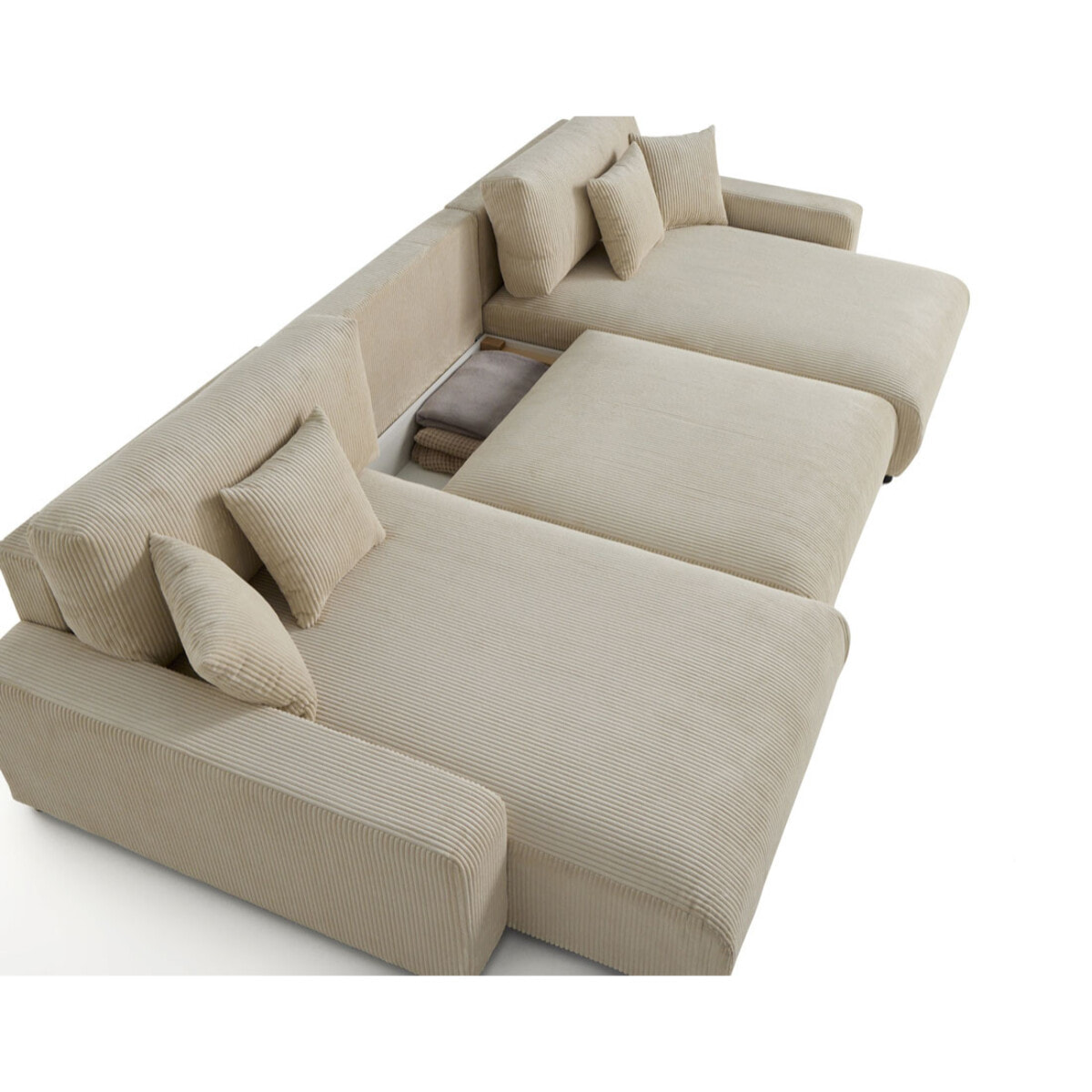 Pivoine - canapé panoramique en U - 7 places - convertible avec coffre - en velours côtelé - Beige