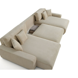Pivoine - canapé panoramique en U - 7 places - convertible avec coffre - en velours côtelé - Beige