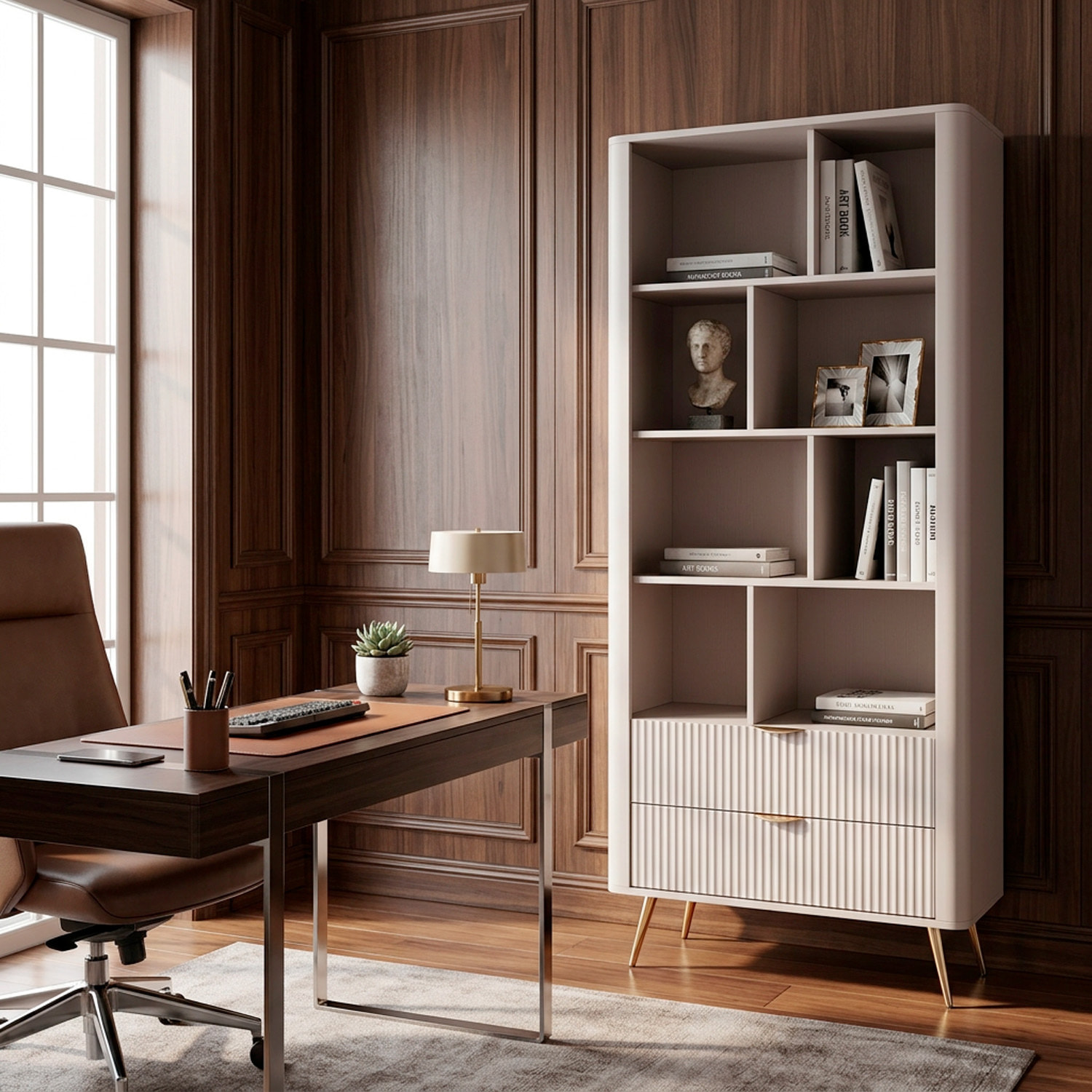 Libreria Moderna 8 Nicchie A Giorno E 2 Cassetti Design Asimmetrico Libreria Salvaspazio Ideale Per Soggiorno Ufficio 88.2 x 193.8 x 38 Cm Cashmere
