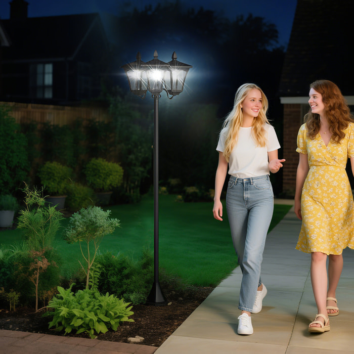 Farol Solar de Jardín con 3 Luces LED Impermeable IP44 Sensor de Noche Farola de Exterior para Camino Terraza Patio 51,5x47x182,5 cm Negro