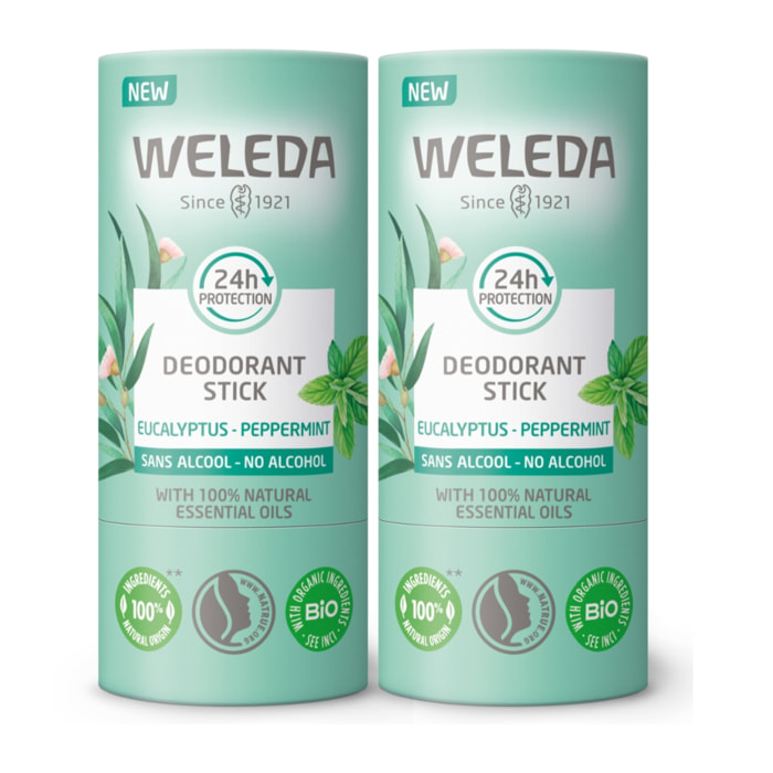 WELEDA - Duo Deodorant stick Eucalyptus Peppermint - Efficacité 24H - Vegan* - Certifié Natrue** - Stick 2x50 g