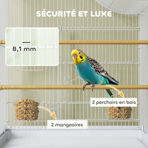 Cage à oiseau 4 portes 2 perchoirs 2 mangeoires plateau coulissant poignée blanc