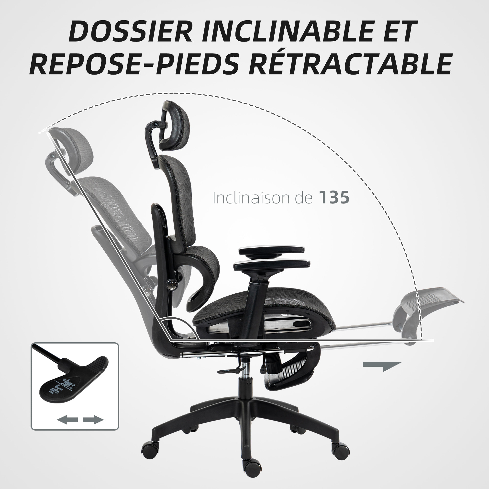 Fauteuil de bureau ergonomique grand confort entièrement réglable tissu maille noir