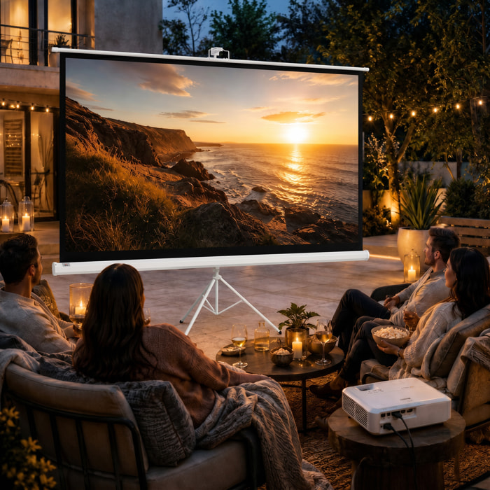 Pantalla de Proyector Manual con Soporte 100 Pulgadas Pantalla de Proyección Portátil Formato 16:9 con Altura Ajustable para Interior y Exterior Eventos Deportivos Cine en Casa 221x124cm Blanco