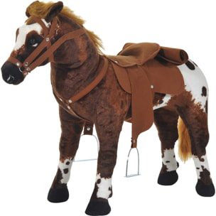 Cheval debout en peluche effets sonores hennissement et galop selle étrier rênes 85L x 28l x 60H marron blanc