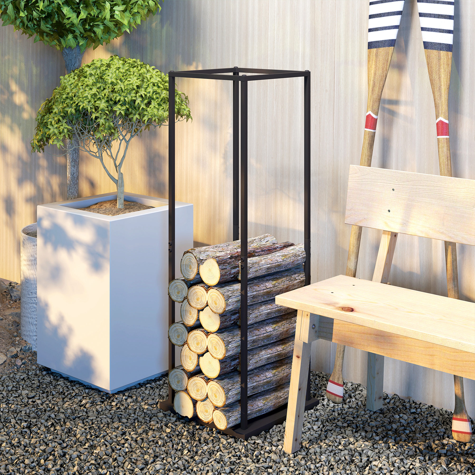 Estante de Leña Metálico, Soporte para Leña de Chimenea, Leñero Exterior con Base Elevada, para Interior y Exterior, Carga 100 kg, 33x33x110 cm, Negro