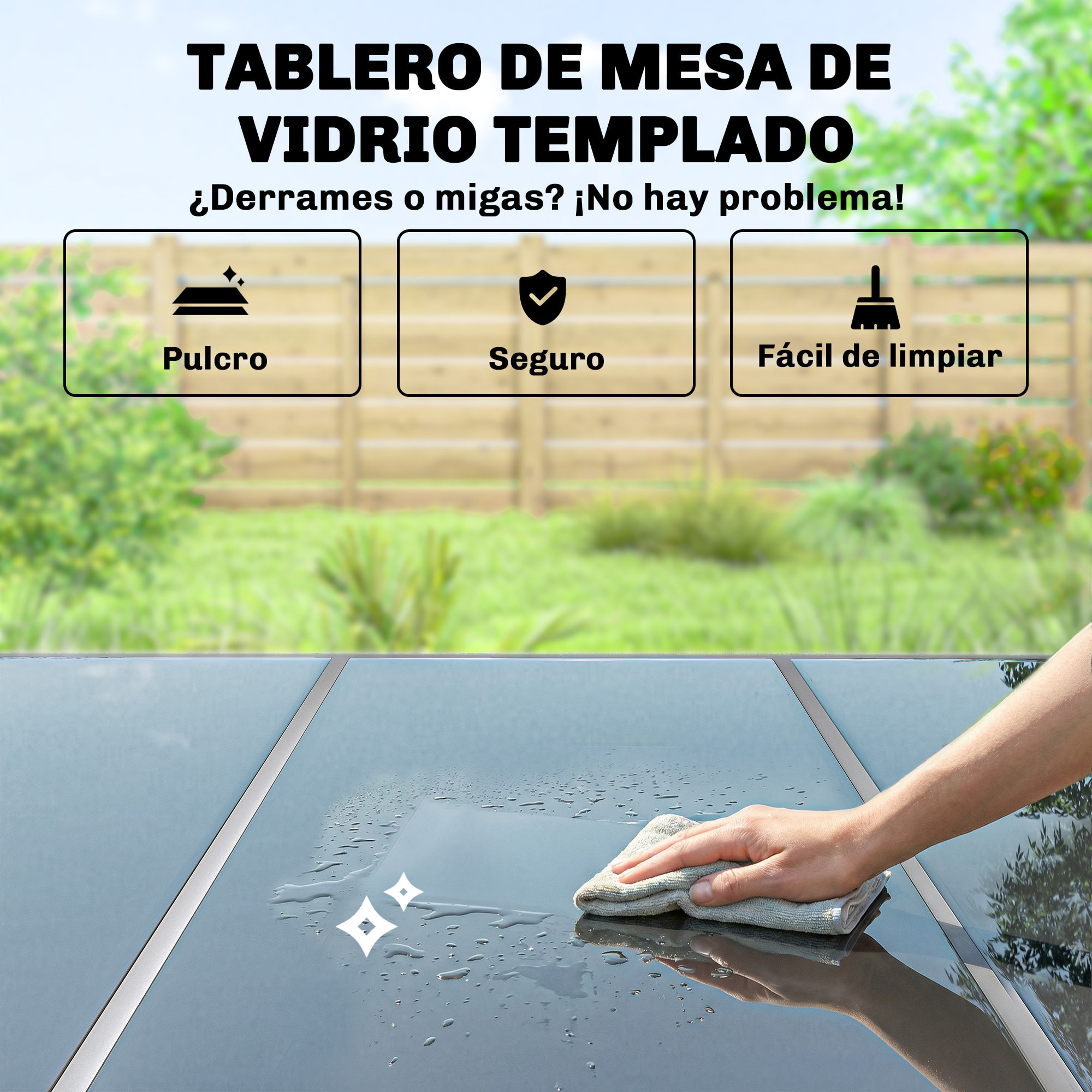 Conjunto de Mesa y Sillas Jardín de 7 Piezas, Muebles Jardín Exterior con Mesa de Vidrio Templado, 6 Sillas Apilables Transpirables, Marco de Metal Resistente a la Intemperie, Negro y Plata