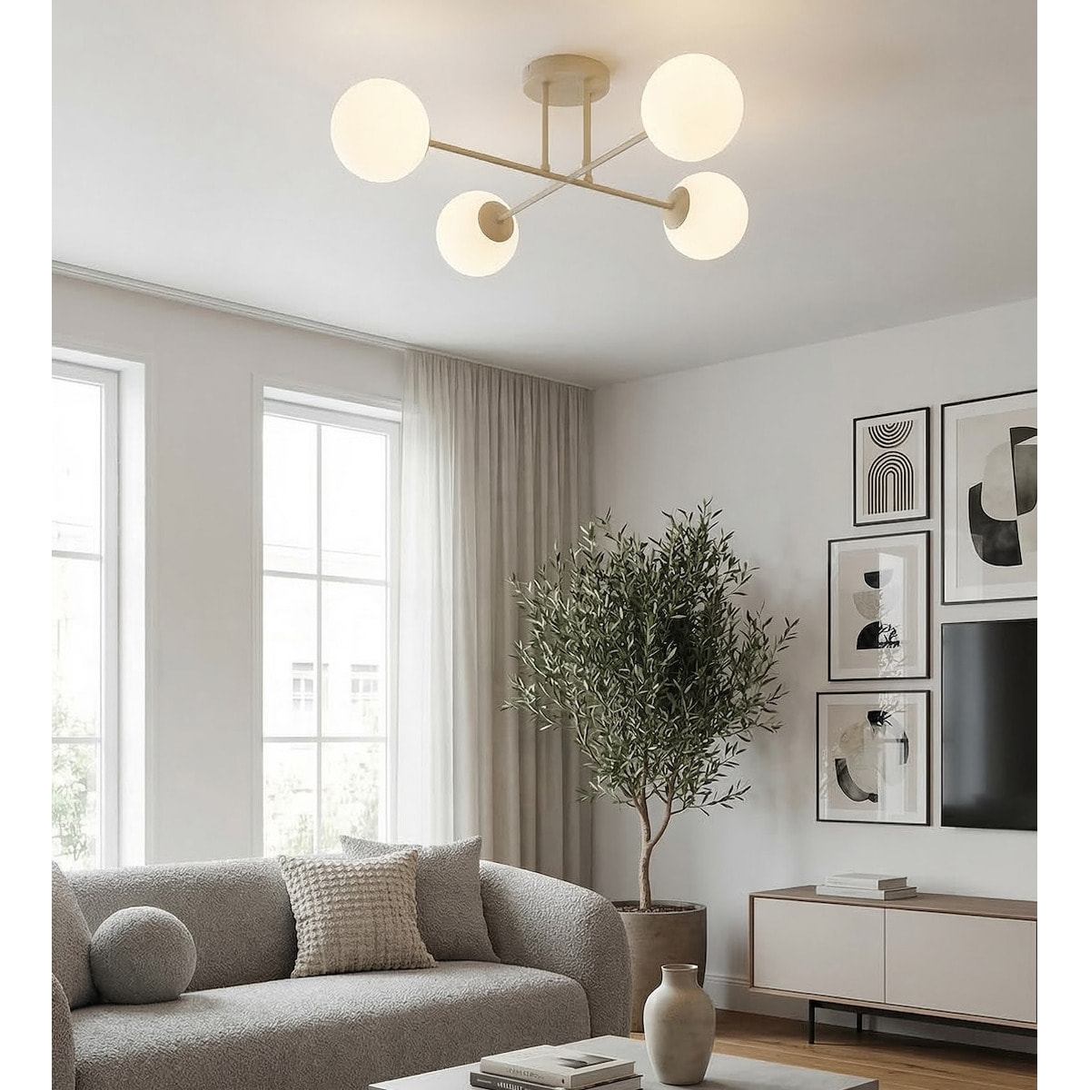 Lampada a sospensione ROMA con struttura beige e sfere in vetro opale