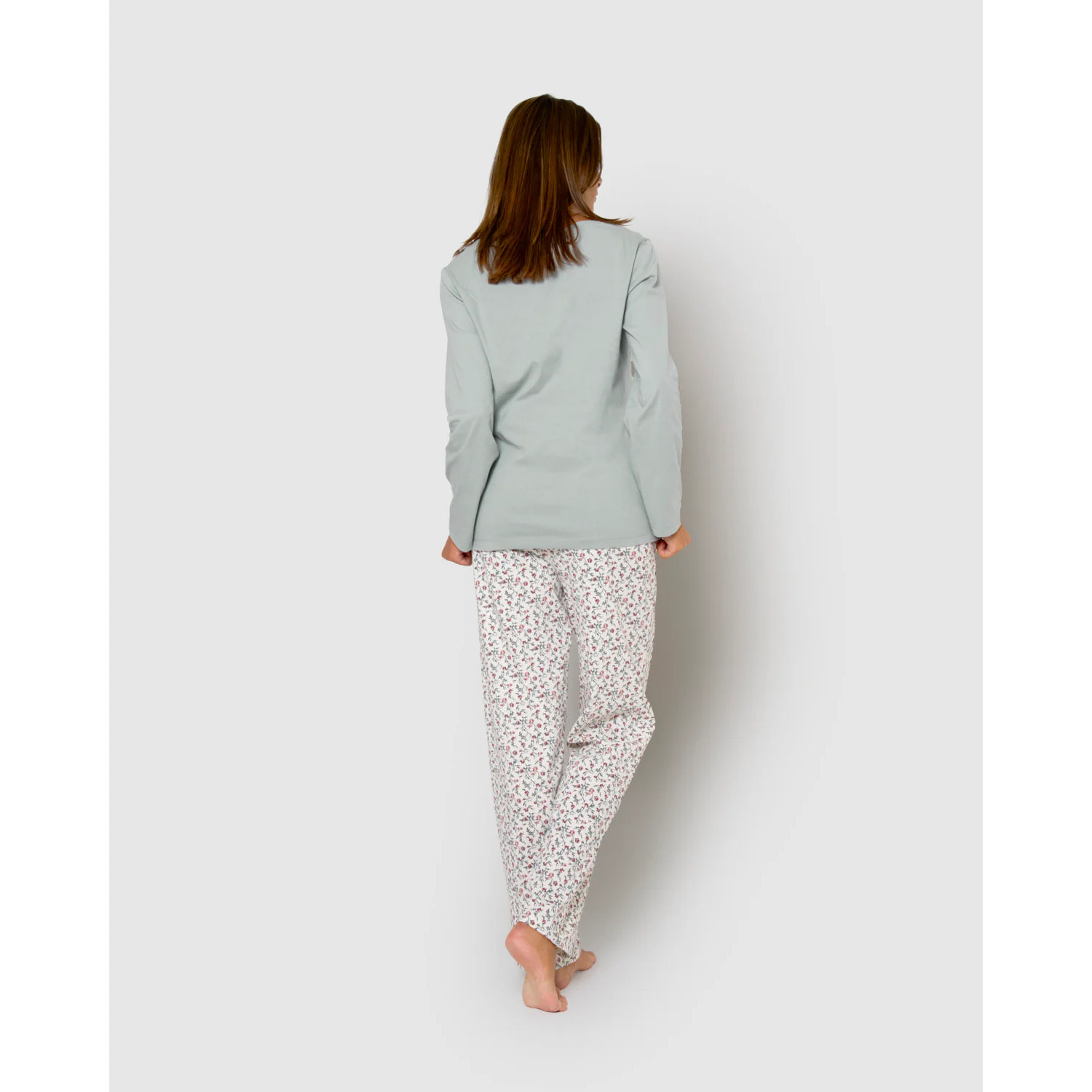 Pigiama lungo in cotone con scollo a v, azzurro