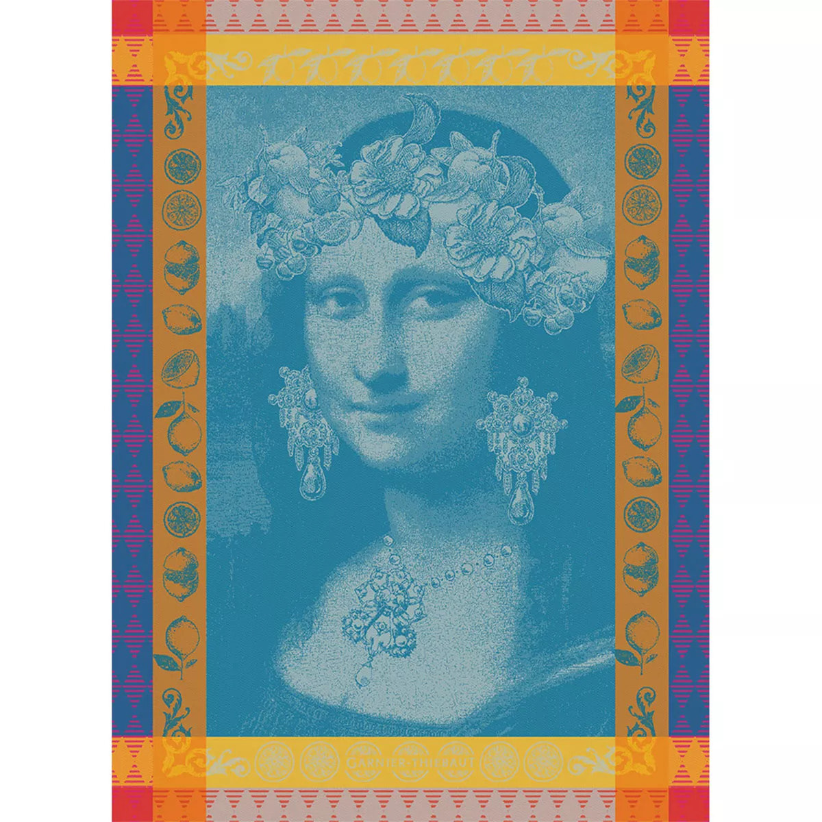 Torchon pur coton motif jacquard bleu Mona lisa bleu