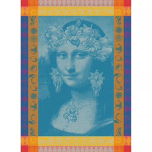 Torchon pur coton motif jacquard bleu Mona lisa bleu