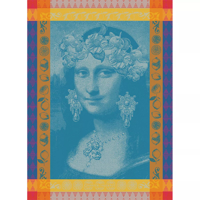 Torchon pur coton motif jacquard bleu Mona lisa bleu
