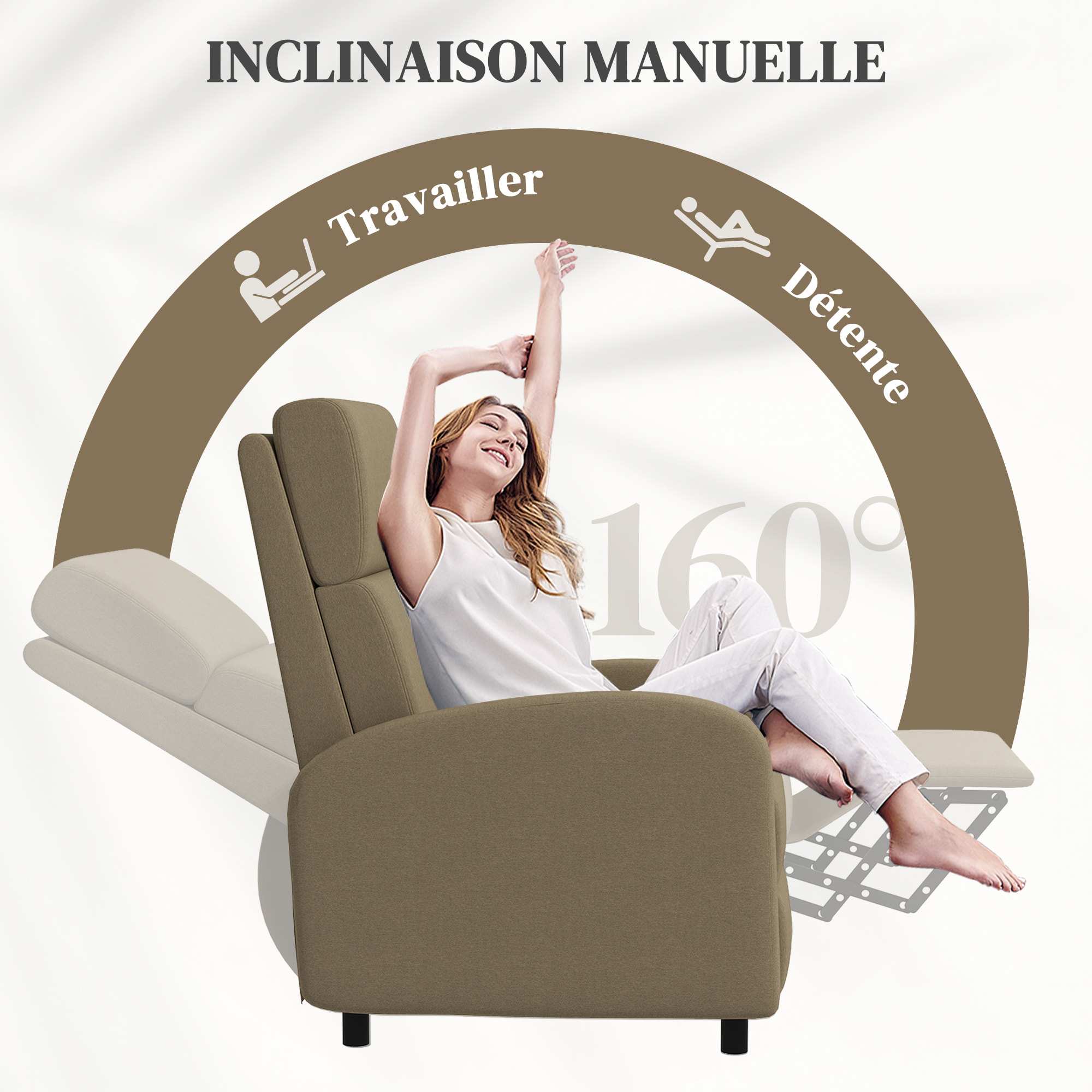 Fauteuil de relaxation inclinable réglable repose-pied tissu beige