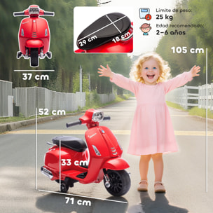 Moto Eléctrica para Niños 6V con Licencia Vespa, Moto Eléctrica Infantil con Ruedas Auxiliares de 6,9'', Velocidad de 2,5km/h, Faro y Bocina, para Niños de 2-6 Años, Rojo
