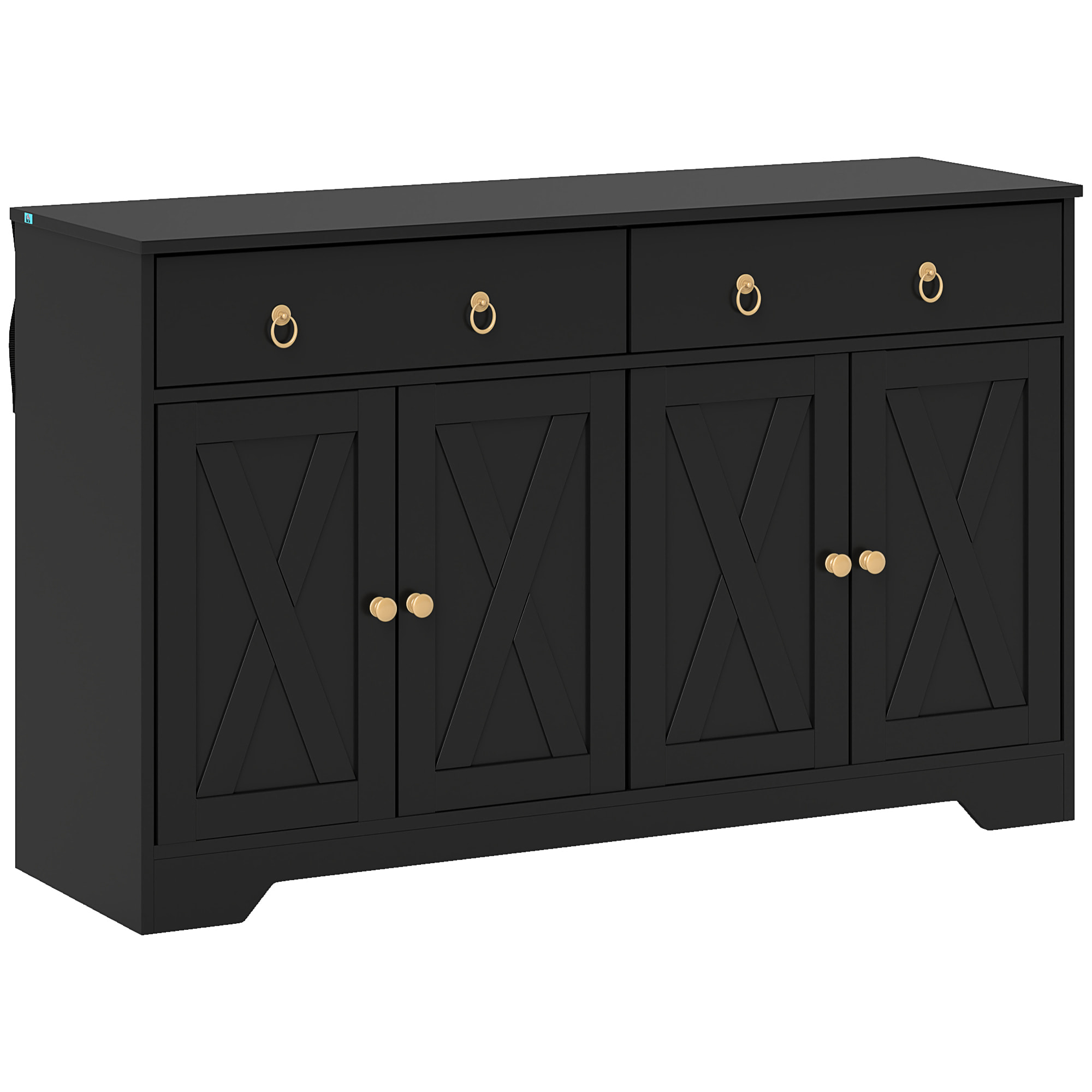Buffet 2 portes 2 étagères 2 tiroirs style rural chic façades portes à croisillons poignées anneaux métal doré noir aspect bois